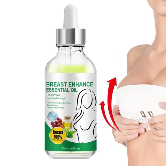 Bottle of ’Breast Enhance Essential Oil’ with a dropper cap.