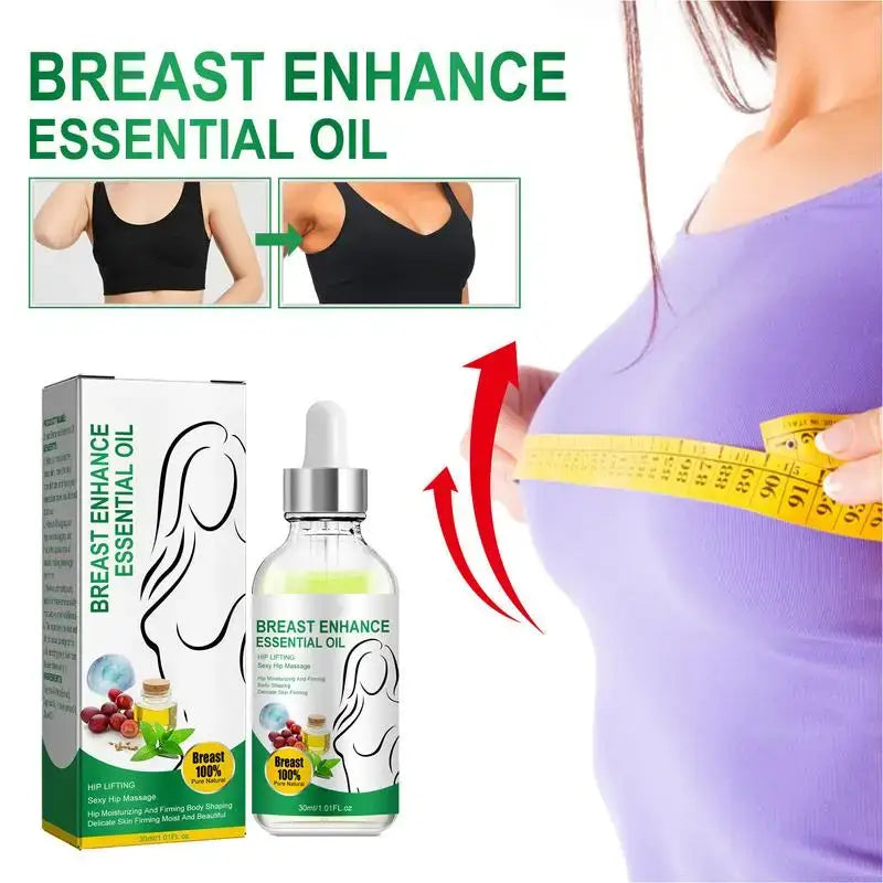 Bottle of ’Breast Enhance Essential Oil’ with product packaging and visual representations of its claimed effects.