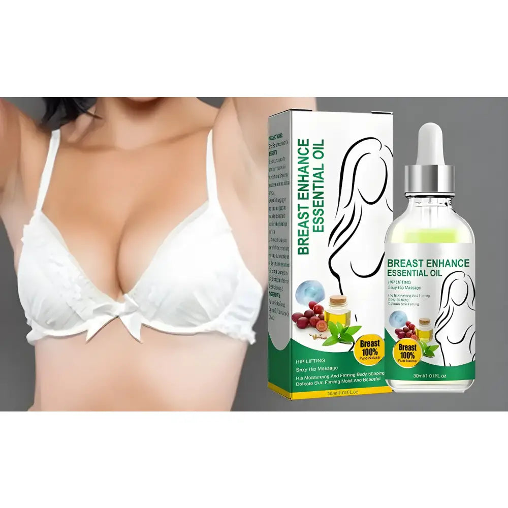 Bottle of breast enhancement essential oil product with accompanying packaging and marketing imagery.