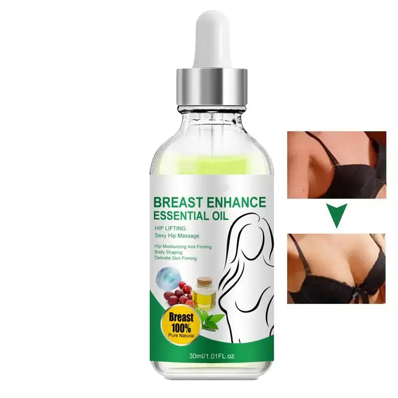 Bottle of ’Breast Enhance Essential Oil’ with a dropper cap and product label.