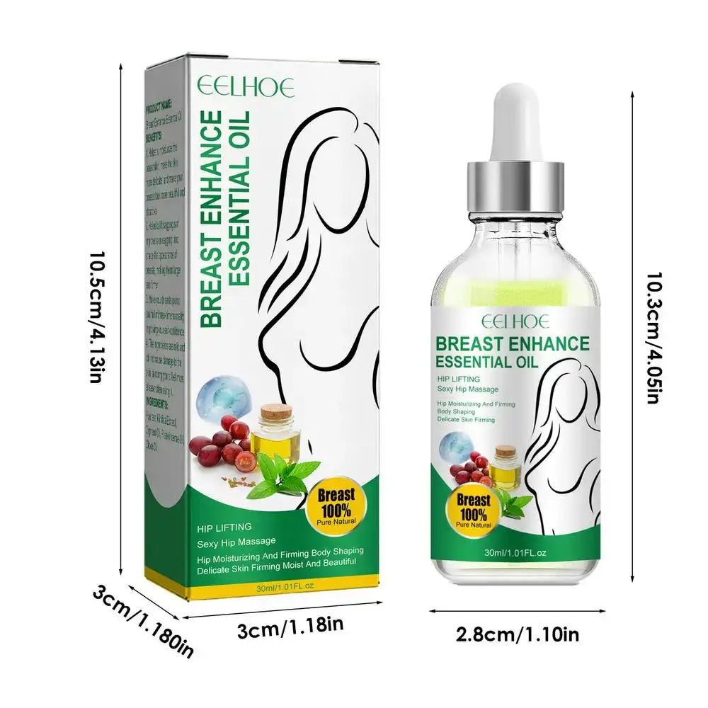 Breast enhancement essential oil product with packaging and dropper bottle.