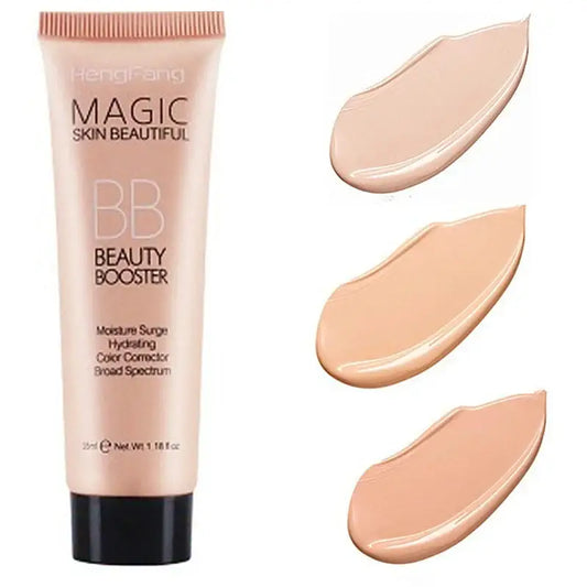 Tube of ’Magic Skin Beautiful’ BB cream with swatches of three different shades.