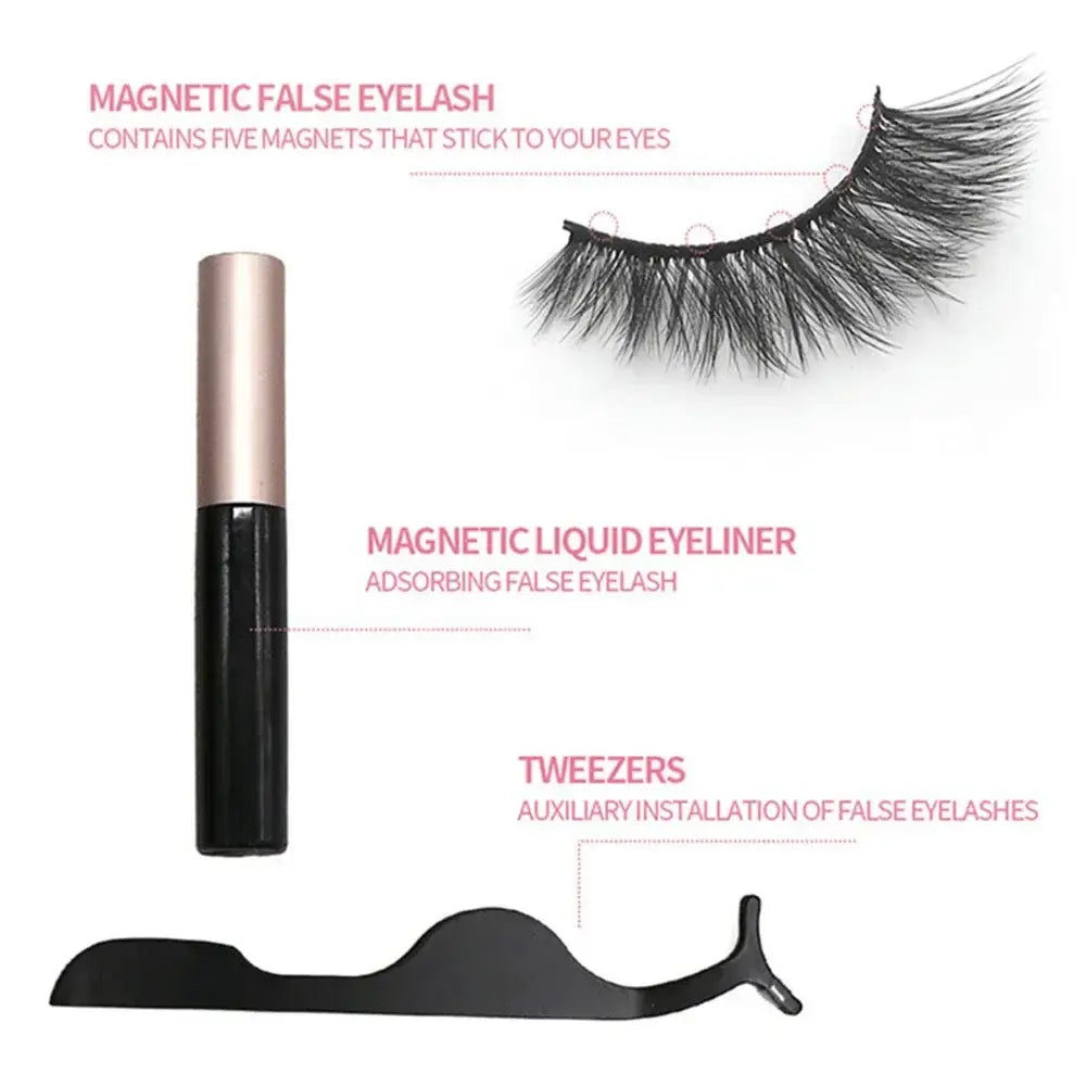 Magnetic false eyelash set with liquid eyeliner and application tweezers.