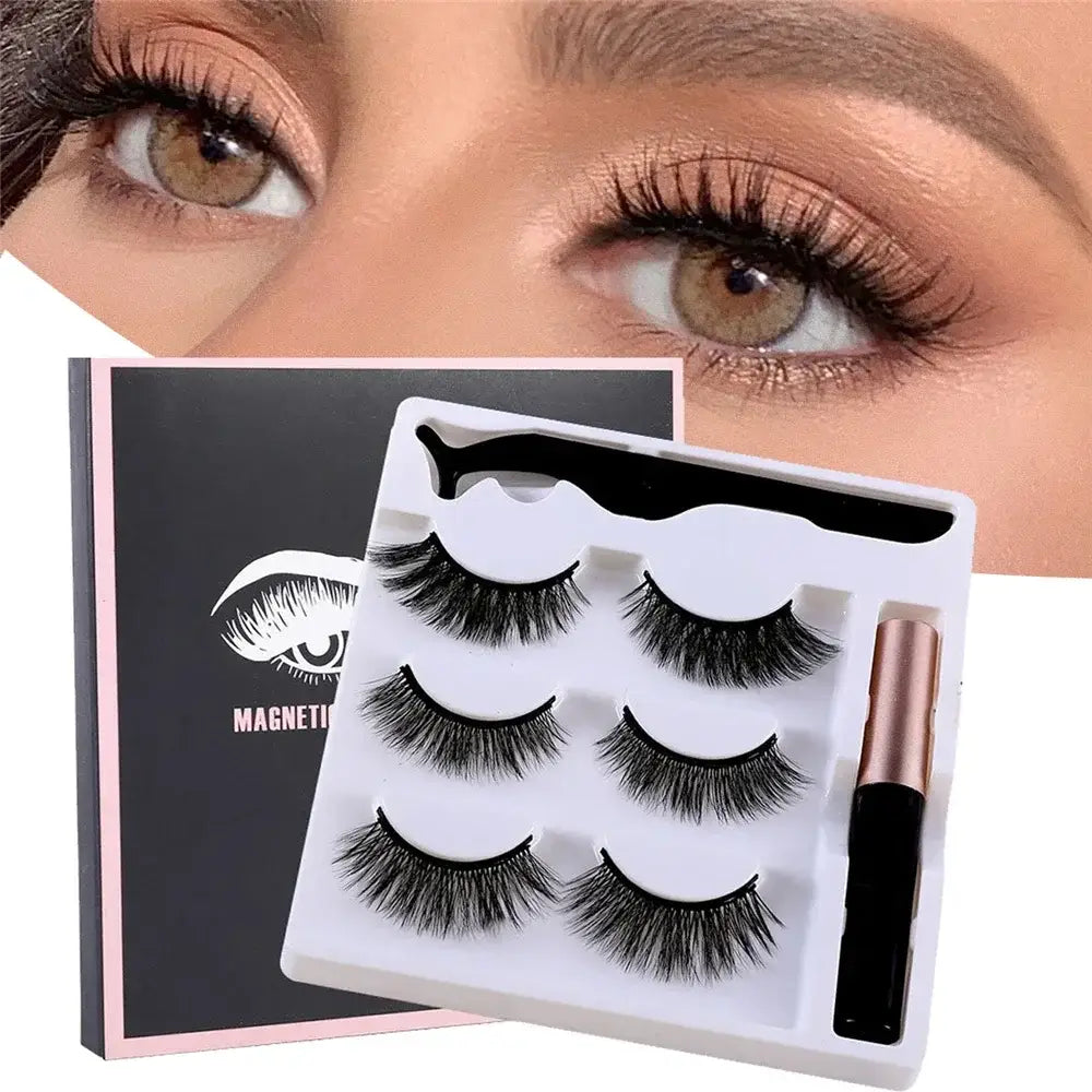 Set of magnetic false eyelashes with applicator tool.