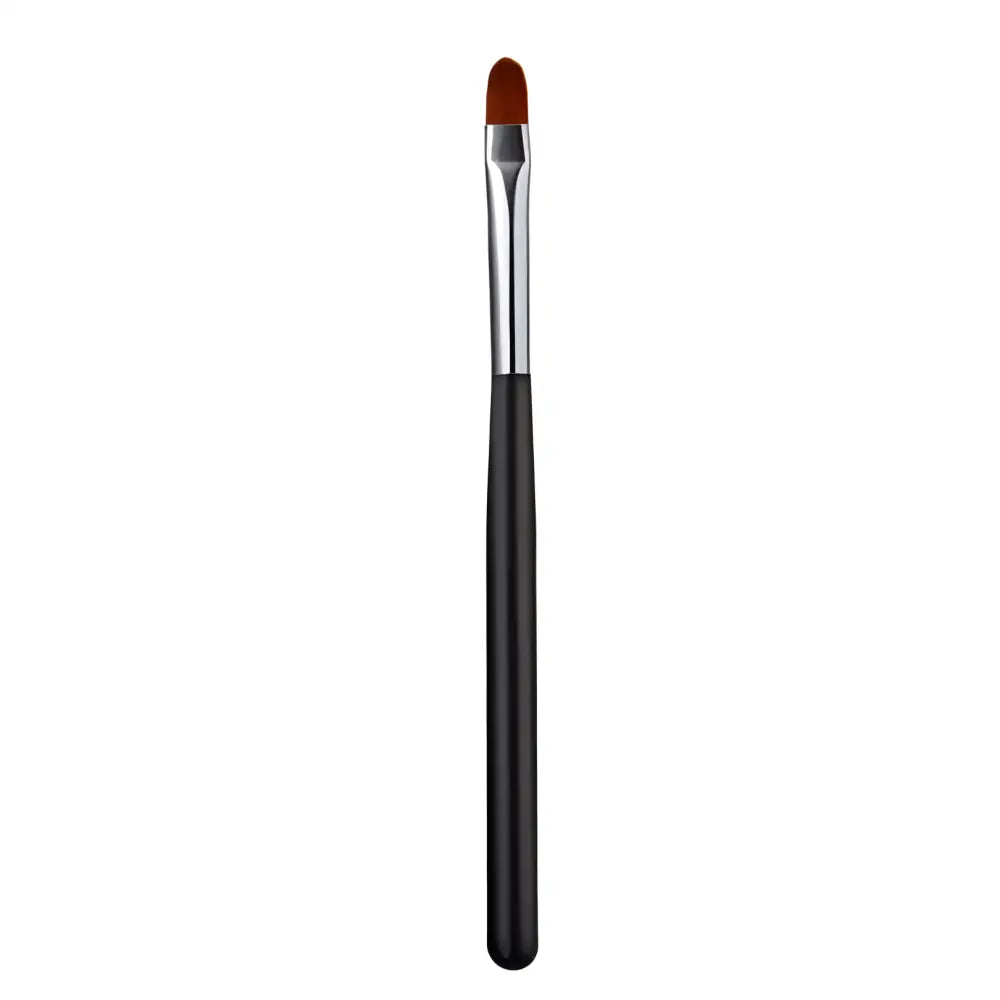 Makeup brush with a black handle and red bristles.