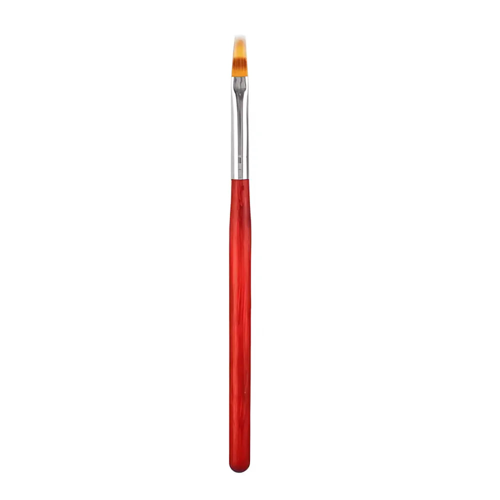 Makeup brush with a red handle and flat, angled bristles.