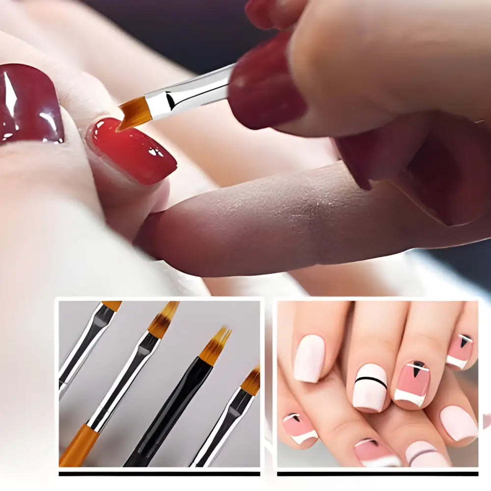 Nail being painted red with a thin brush during a manicure.