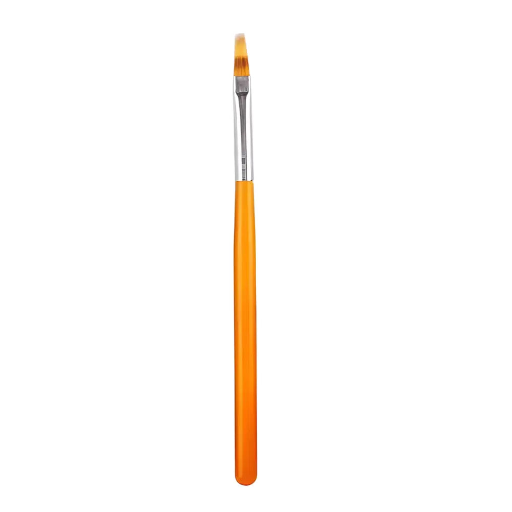 Thin paintbrush with an orange handle and angled bristles.