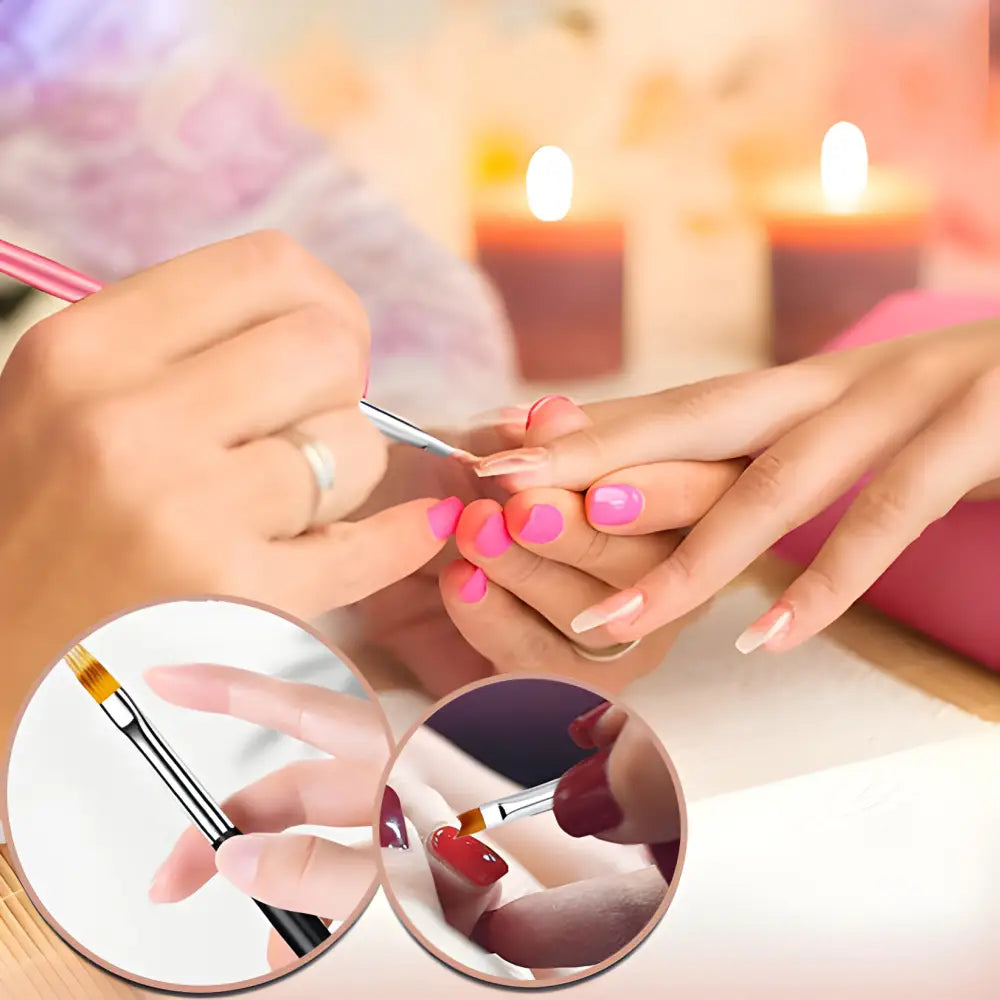 Manicure being performed on a person’s fingernails with pink nail polish.