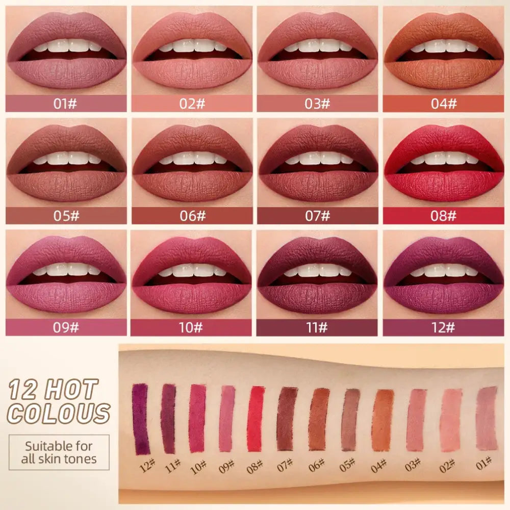 Collage of lipstick swatches in various shades of pink, red, and nude.