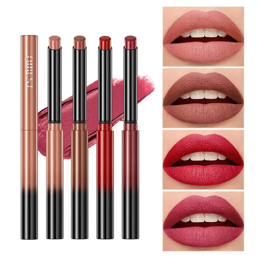 Lipstick set with corresponding lip swatches showing different shades.