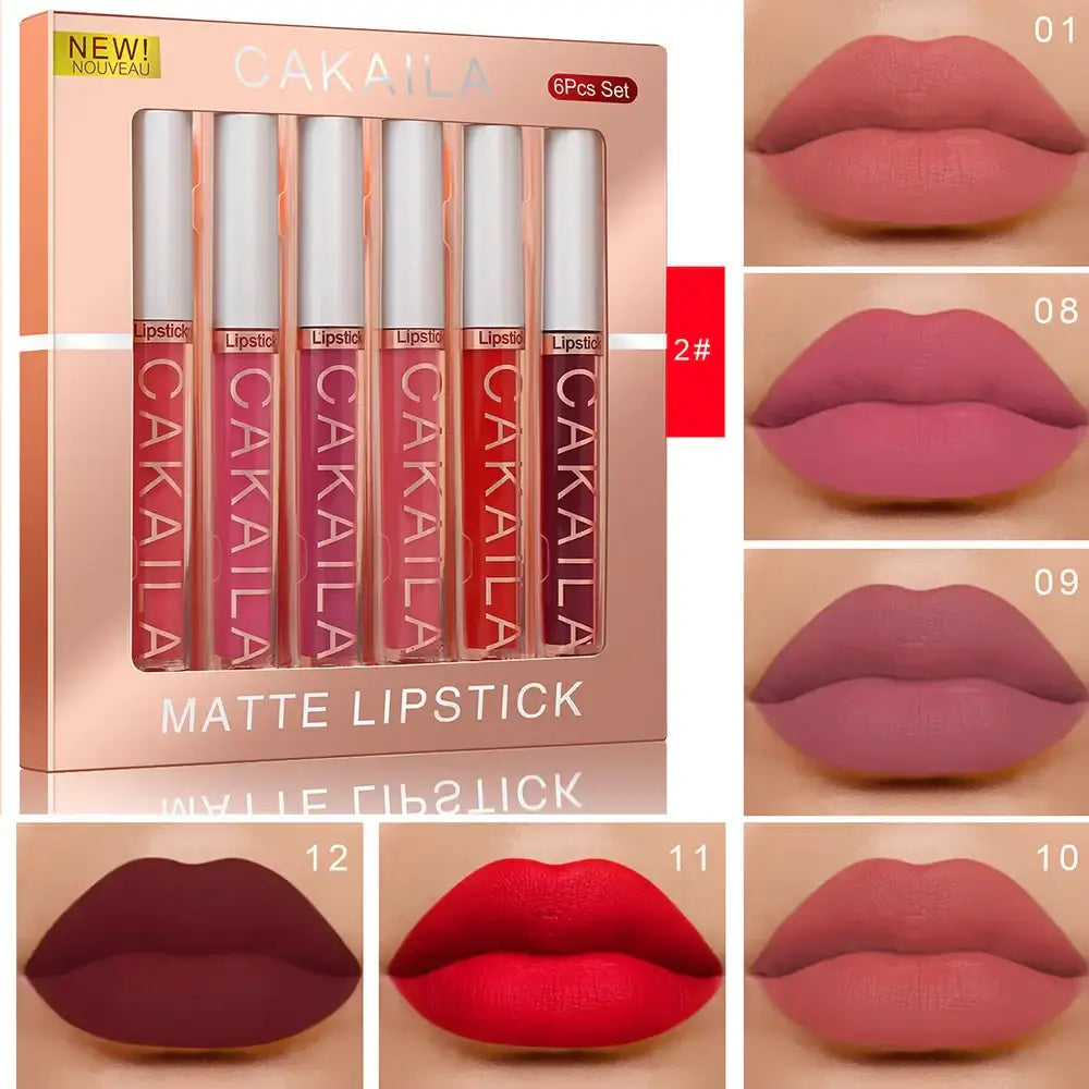 Set of matte lipsticks in various shades with accompanying lip swatches.