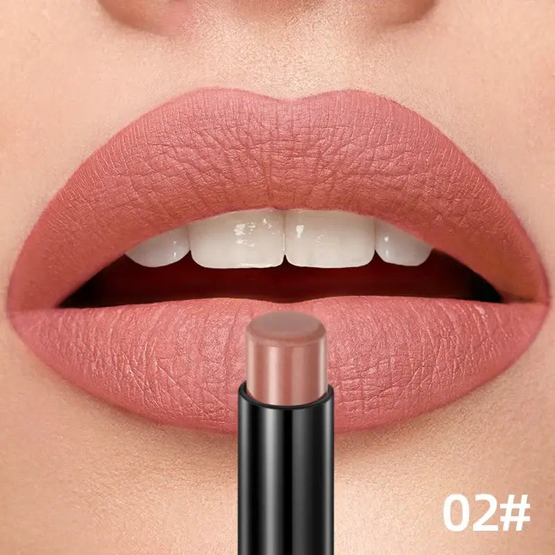 Lipstick in a matte rose shade positioned below lips wearing the same color.