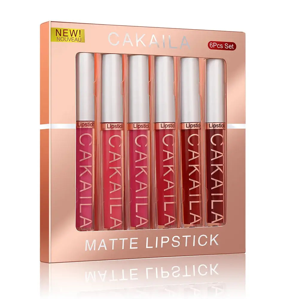 Set of six matte lipsticks in pink packaging.