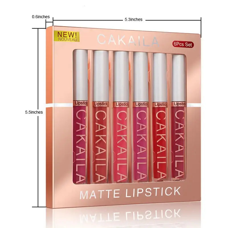 Set of six matte lipsticks in pink packaging.