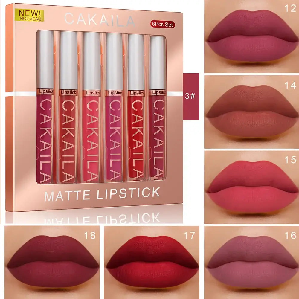 Set of six matte lipsticks in various shades with corresponding lip swatches.