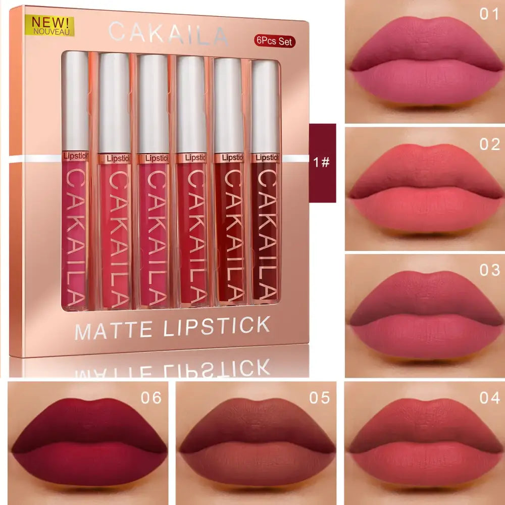 Set of six matte lipsticks in silver tubes alongside swatches showing different shades on lips.