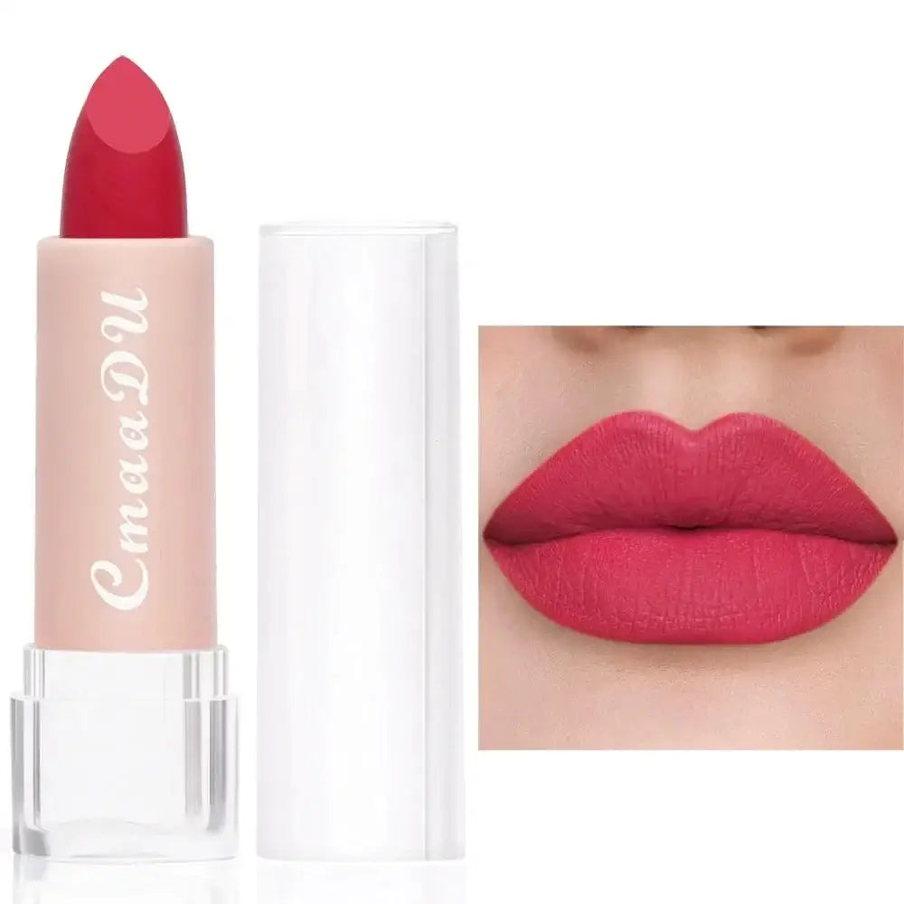 Bright red lipstick in a light pink tube with white cap.