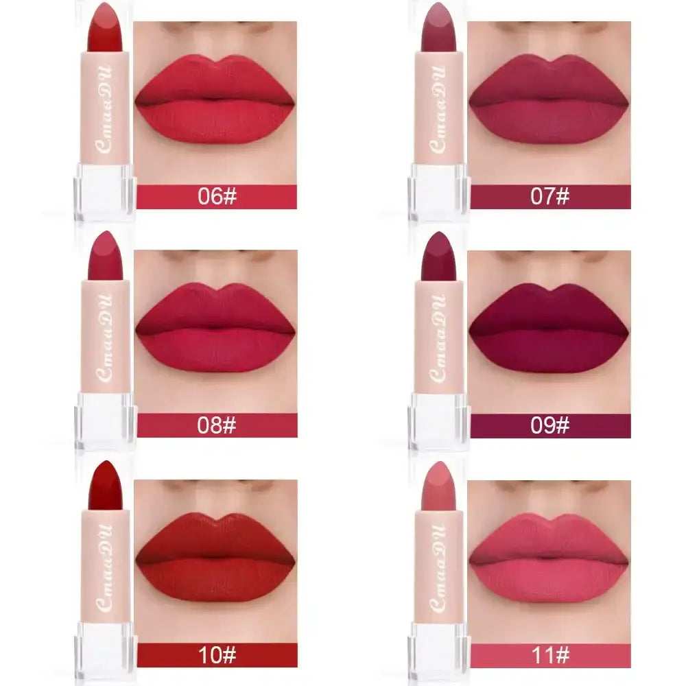 Collage of lipstick shades and corresponding lip swatches in various red and pink tones.