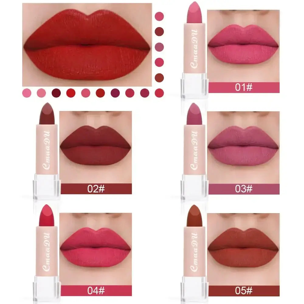 Collection of lipstick shades and lip swatches showcasing different colors.