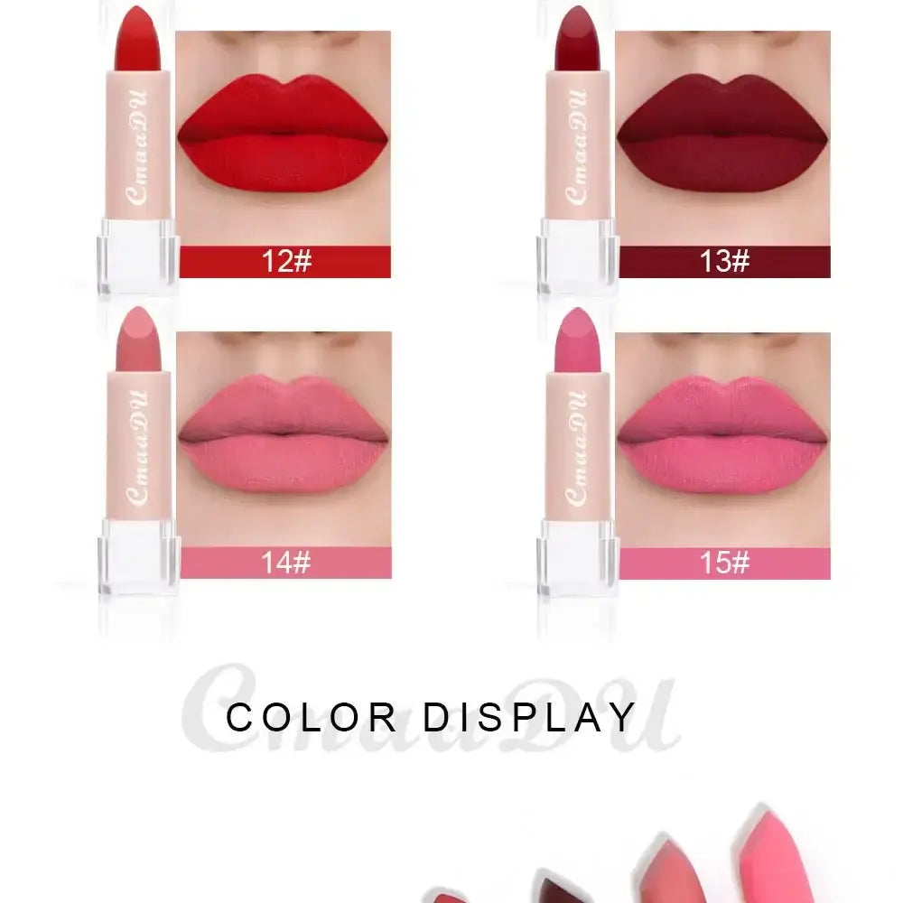 Lipstick color swatches showing different shades on lips.