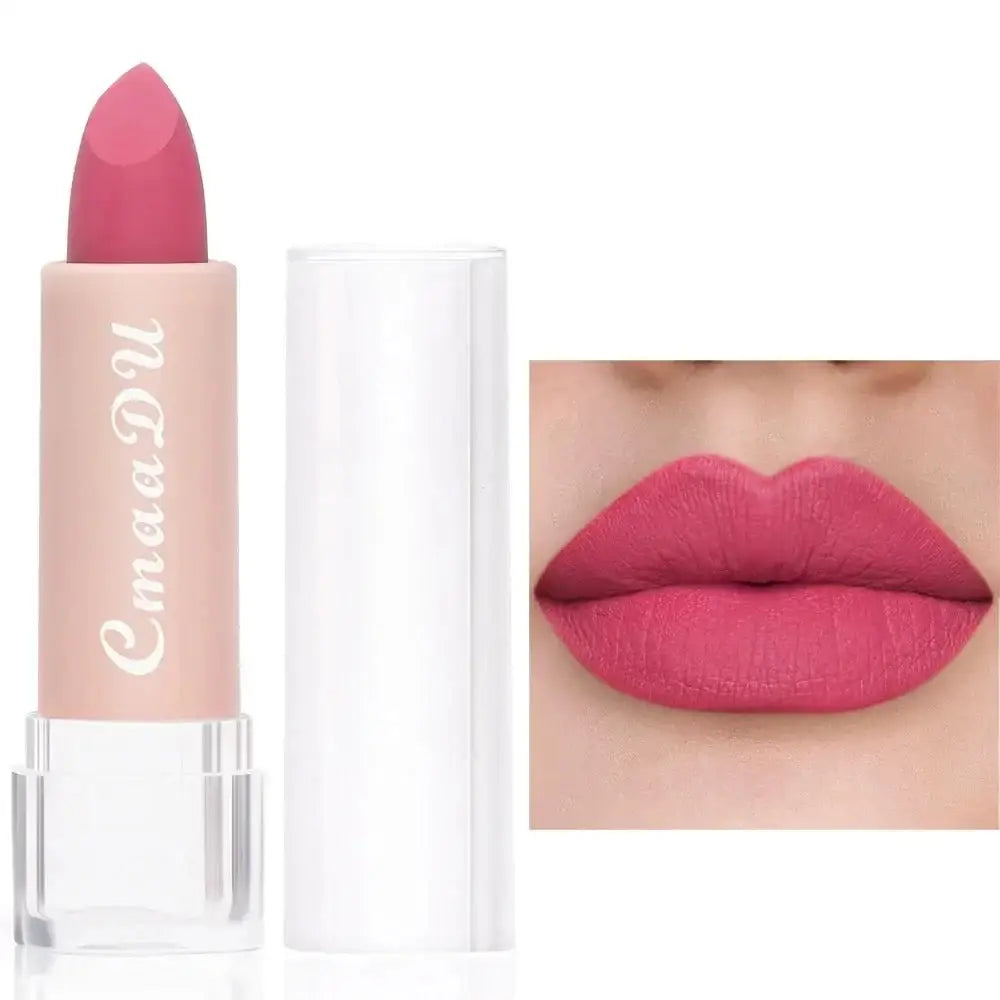 Pink lipstick in a light pink tube with white cap.