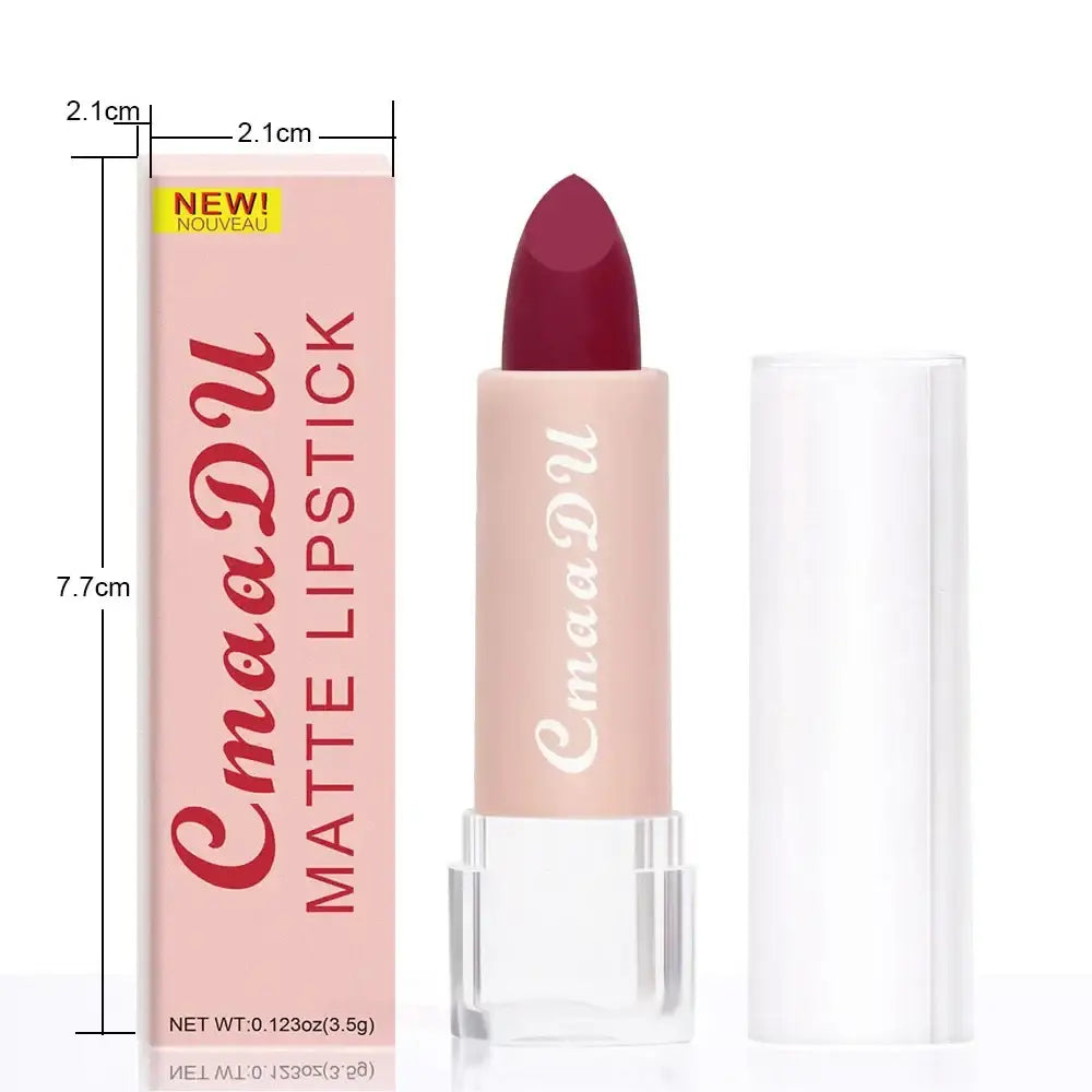 Matte lipstick in a pink tube with burgundy-colored product visible.