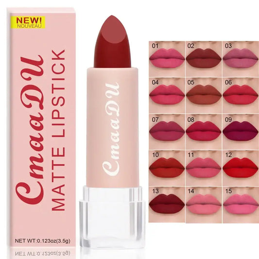 Matte lipstick in a pink tube with a red lipstick color displayed alongside swatches of various shades.