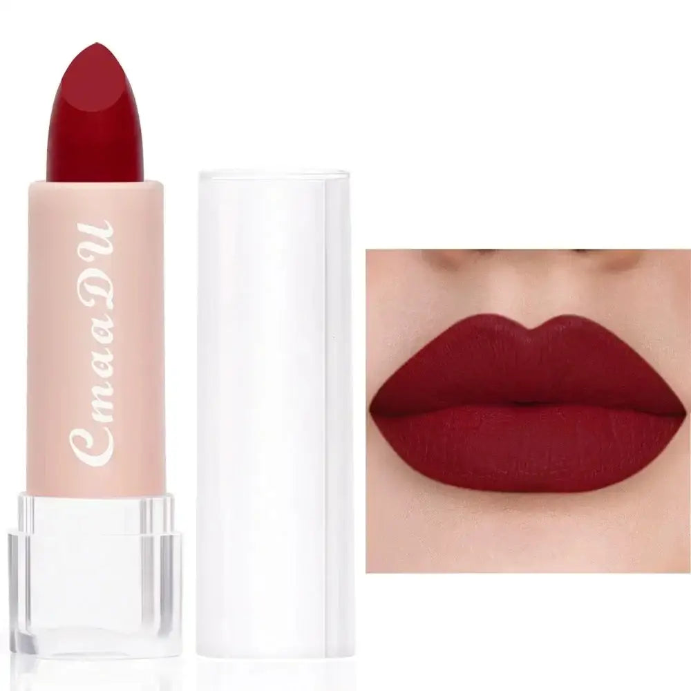 Red lipstick in a light pink tube with a white cap.