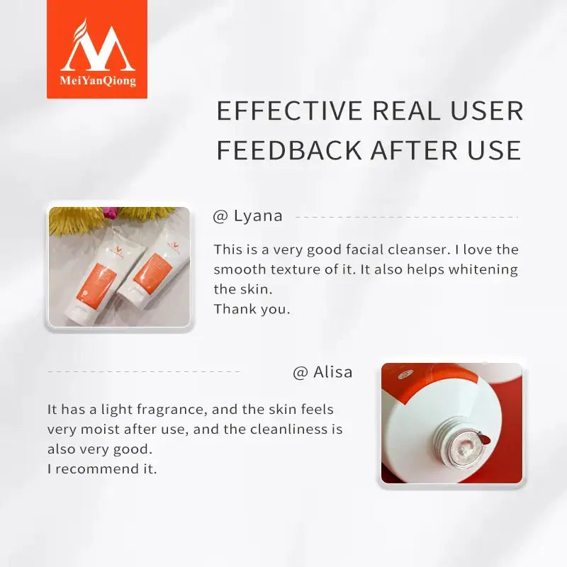 Product feedback display featuring user testimonials for a facial cleanser.