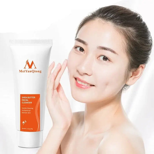 Tube of MeiYanQiong skincare product next to a woman’s face.