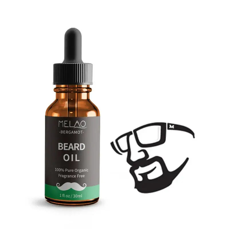 Amber glass bottle of Melao bergamot beard oil with dropper cap.