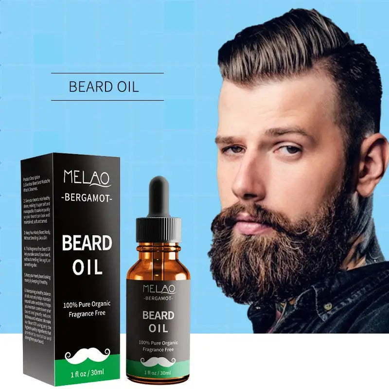 Bottle of Melao bergamot beard oil with product packaging and a model showcasing a full beard.