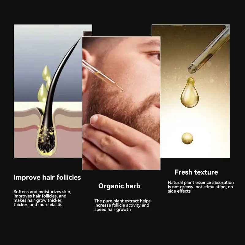 Collage of three images showcasing hair growth product benefits and application.