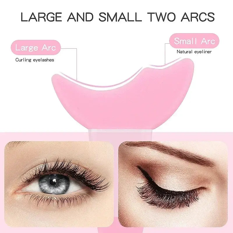 Pink crescent-shaped diagram illustrating eyelash curling techniques.