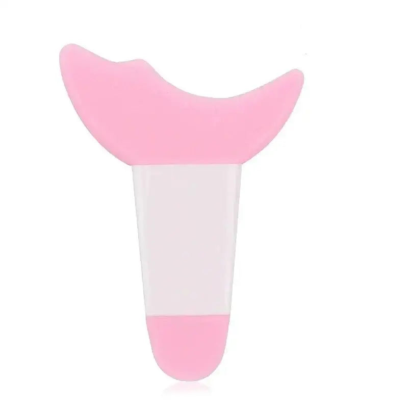 Pink and white menstrual cup with a curved shape.