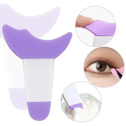 Purple and white plastic eyeliner application tool with multiple usage demonstrations.