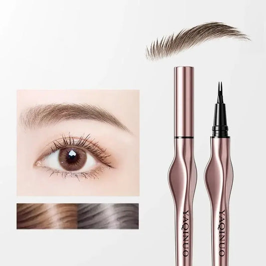 Eyebrow pencil with a fine-tip applicator in rose gold metallic packaging.