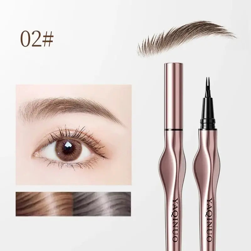 Eyebrow pencil with a fine-tip applicator in rose gold metallic packaging.