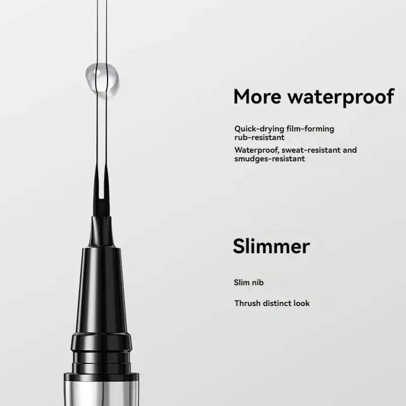 Sleek black eyeliner pen with a water droplet at its tip.