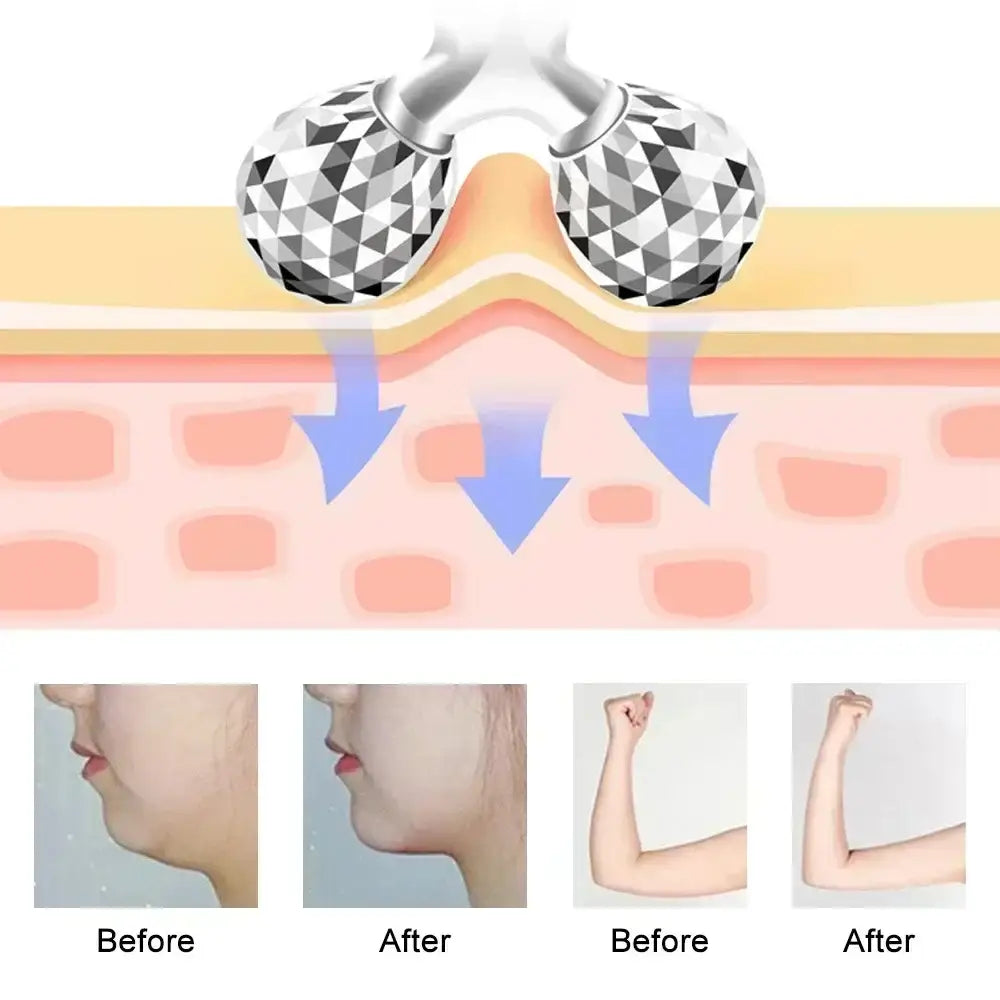 Massage roller with geometric patterned surface and arrows indicating its use on skin.