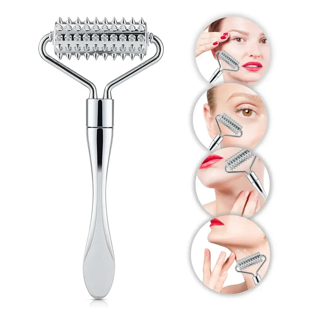 Metallic facial roller with spiked wheel for skin treatment.