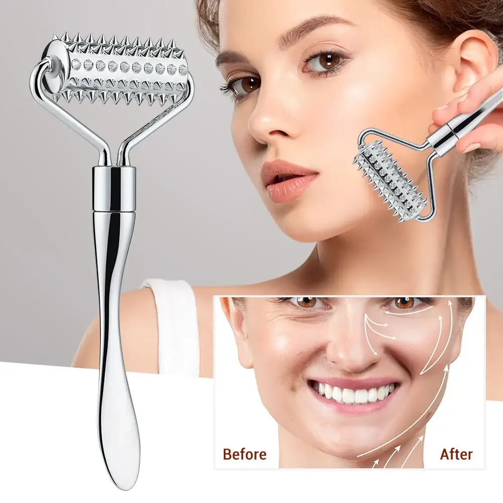 Metallic facial roller with spiked wheel for skincare treatment.