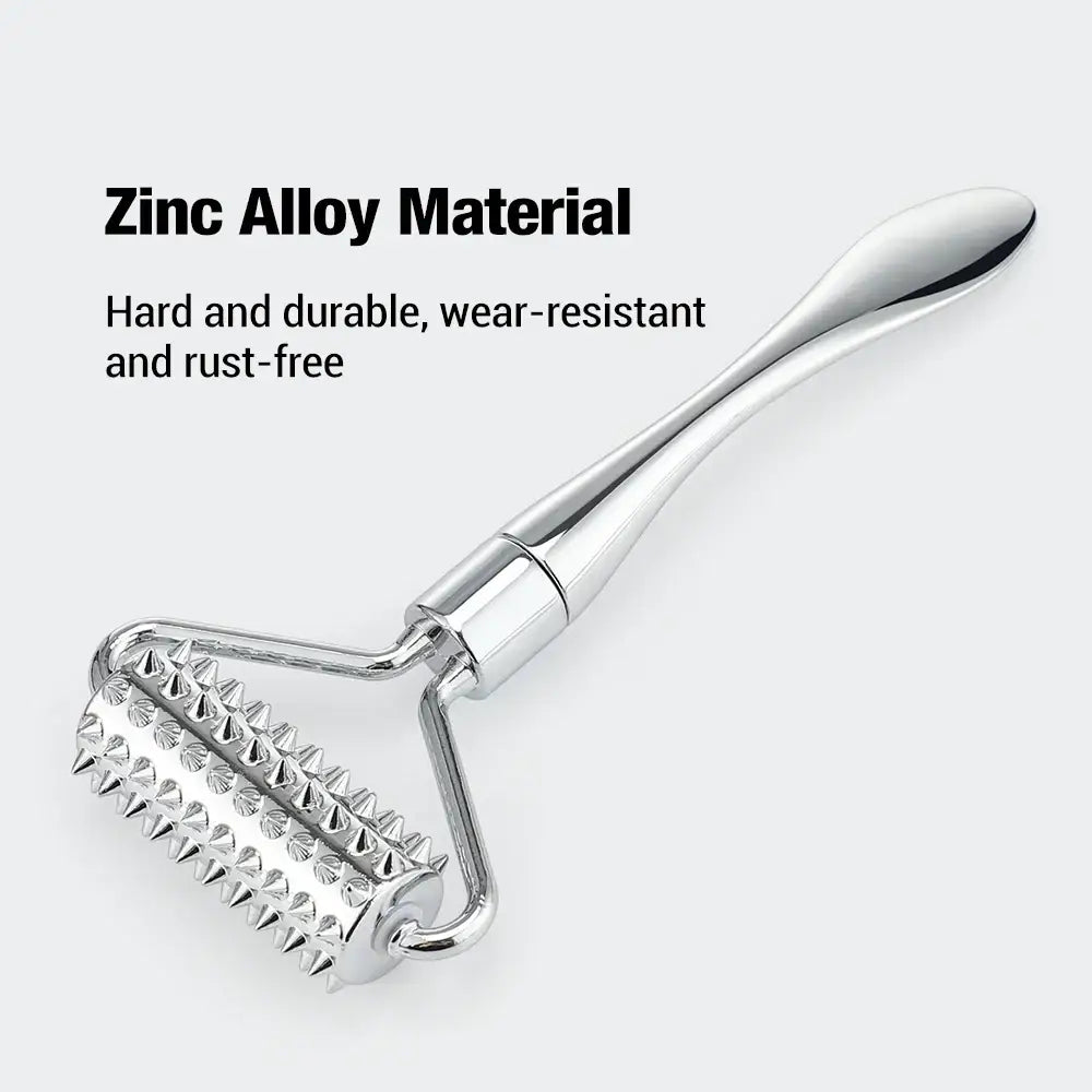 Metallic handheld roller with multiple rows of spikes or teeth.