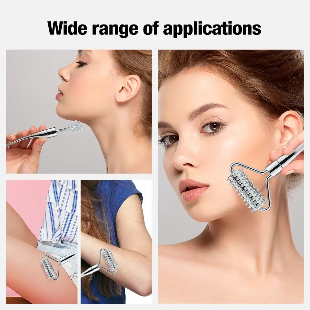 Microneedle roller device shown being used on various body parts for skincare applications.