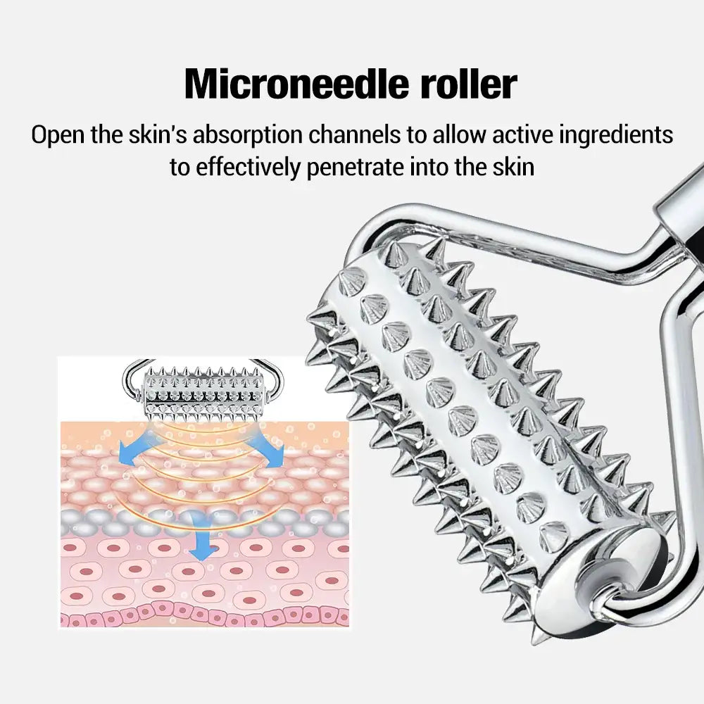 Microneedle roller with multiple rows of tiny, sharp spikes on a cylindrical head attached to a handle.