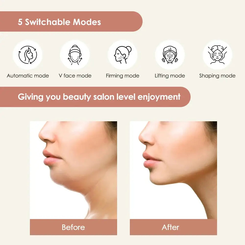 Advertisement for a beauty device with 5 switchable modes, showing before and after profile images of a neck and jawline.