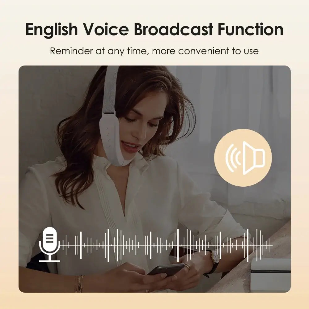 Advertisement for an English voice broadcast function, featuring a person wearing headphones and using a device.