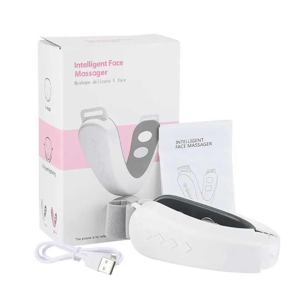 Intelligent face massager device with its packaging and accessories.