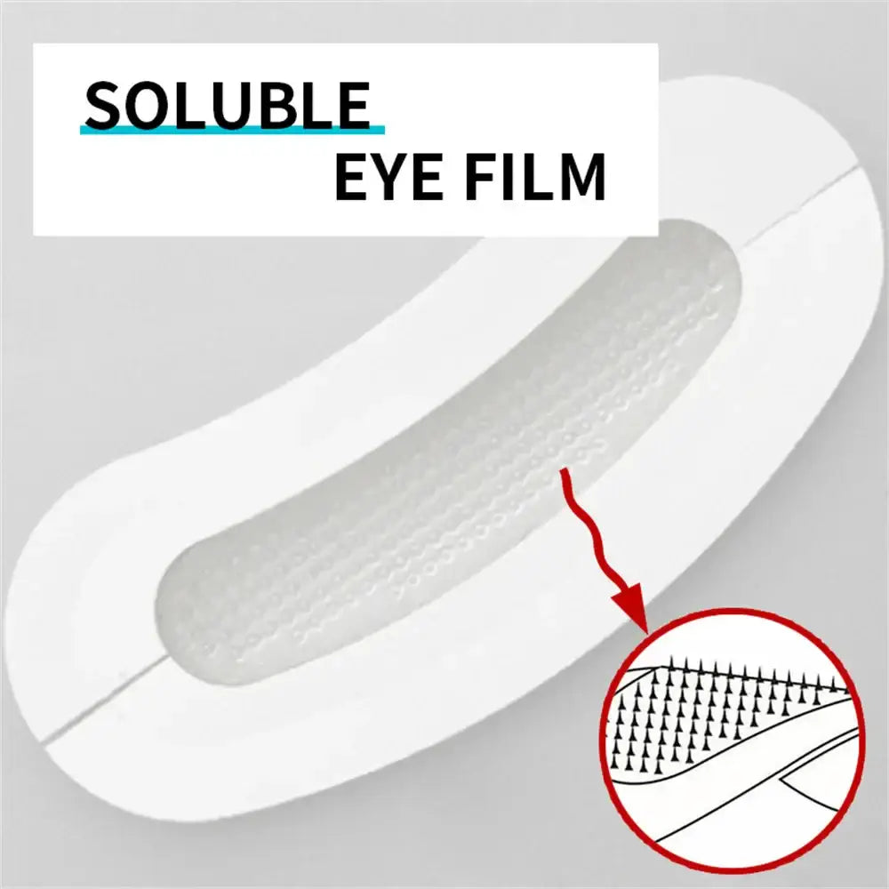 Curved, white strip labeled ’Soluble Eye Film’ with a magnified detail showing its structure.